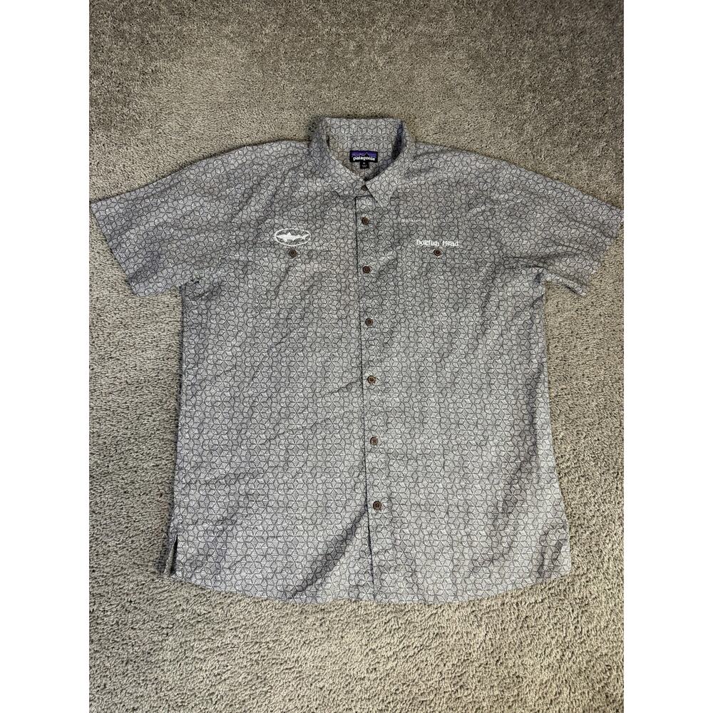Patagonia Back Step Shirt Mens XL Gray Dogfish Head Beer Hemp Geometric Button
